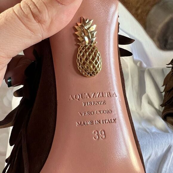 Aquazurra chocolate suede fringe heeled sandals, size 39/9 - Picture 3 of 8